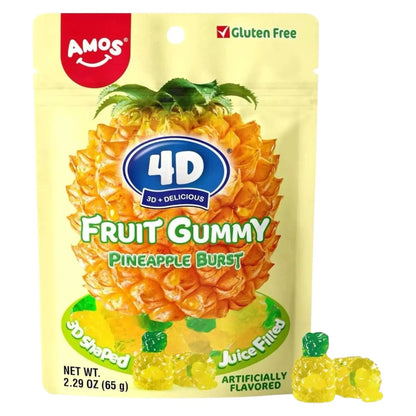 Amos 4D Fruit Gummy Peach Burst 80g - 3D Shaped Juice Filled Gluten Free Candy for Kids and Adults