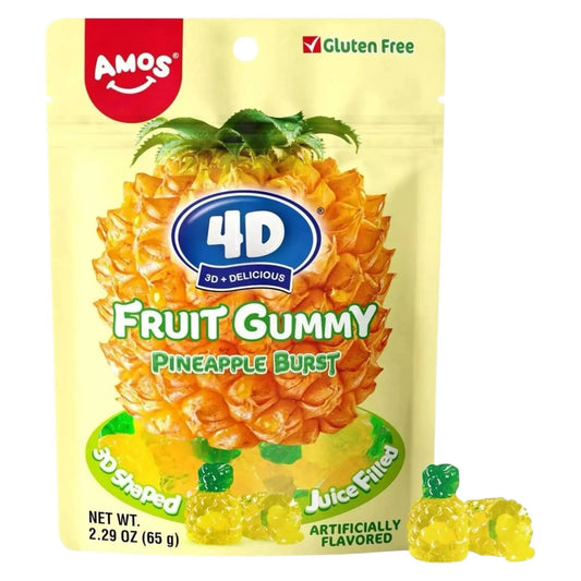 Amos 4D Fruit Gummy Peach Burst 80g - 3D Shaped Juice Filled Gluten Free Candy for Kids and Adults