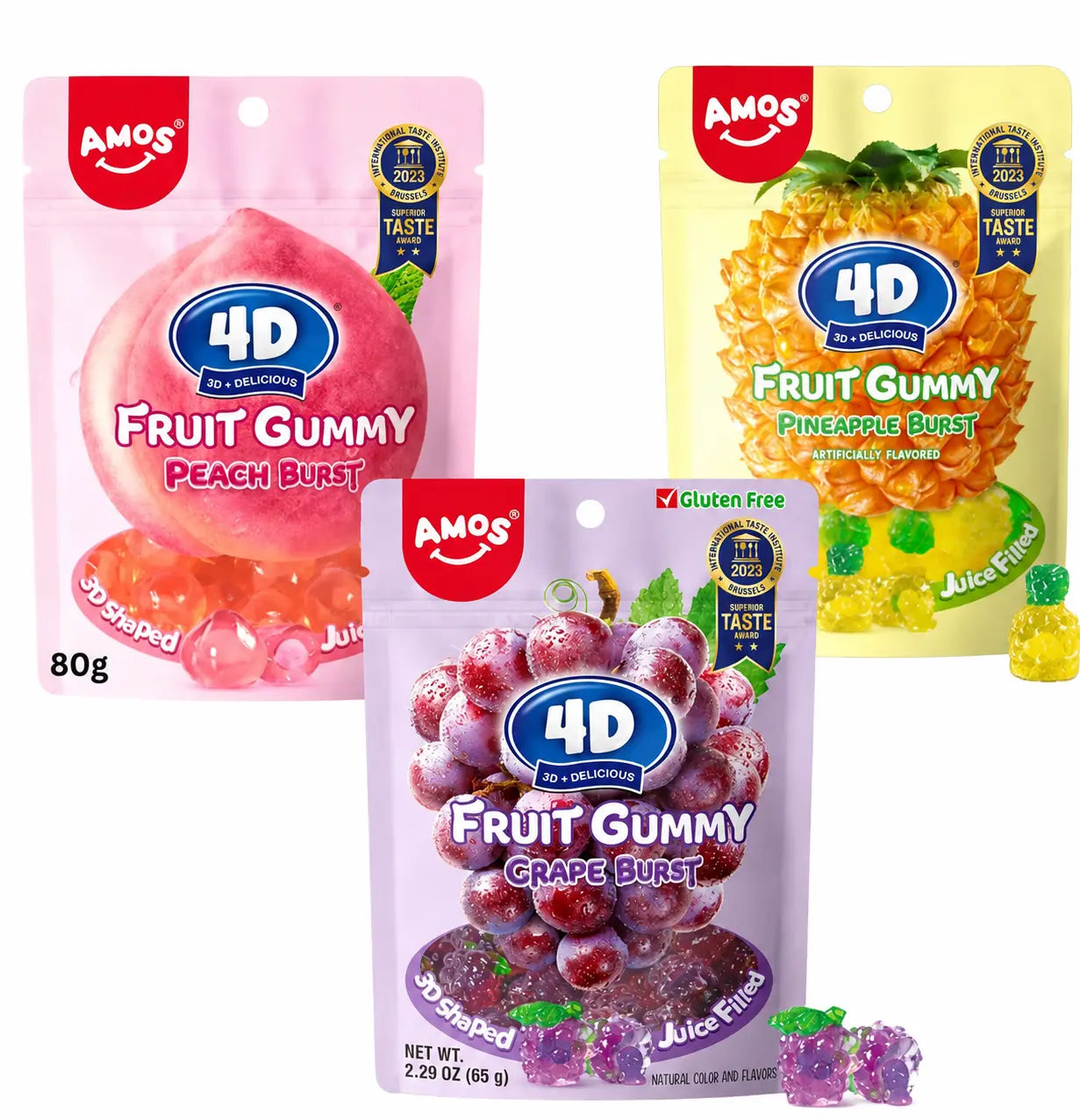 Amos 4D Fruit Gummy Peach Burst 80g - 3D Shaped Juice Filled Gluten Free Candy for Kids and Adults