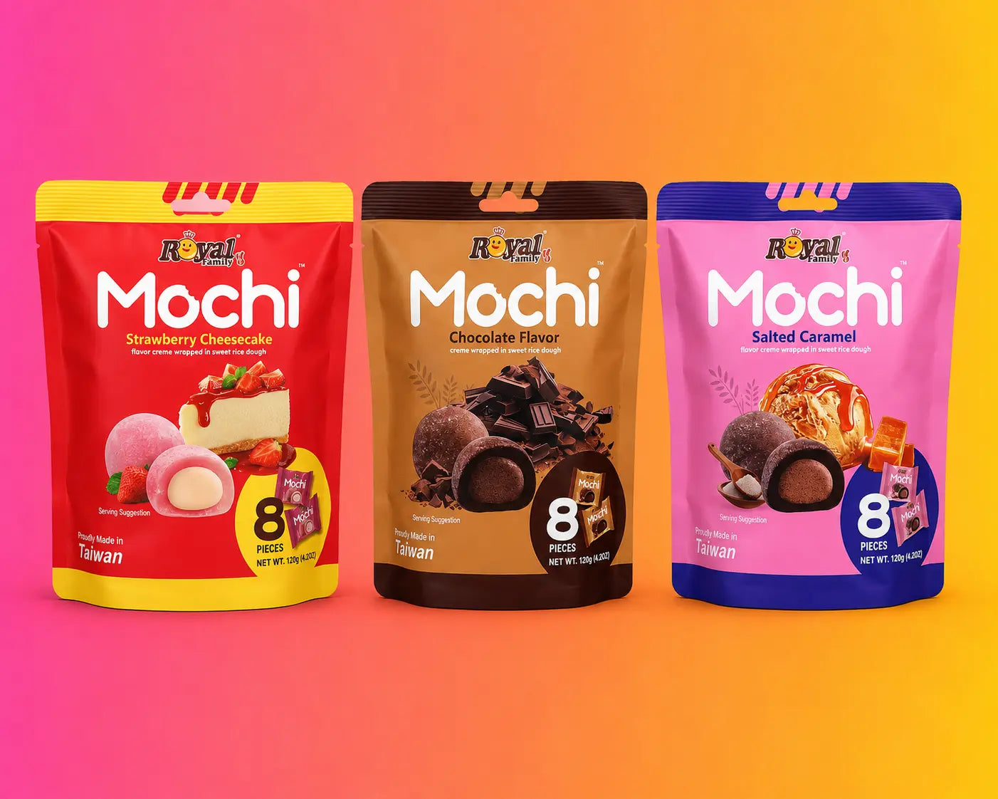 Royal Mochi 3 Flavours 8 Pieces Soft & Chewy Taiwanese Dessert Snack - Strawberry Cheesecake Variety Pack