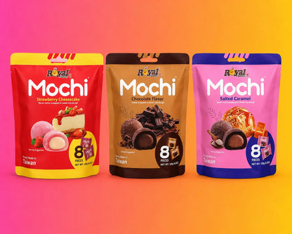 Royal Mochi 3 Flavours 8 Pieces Soft & Chewy Taiwanese Dessert Snack - Strawberry Cheesecake Variety Pack