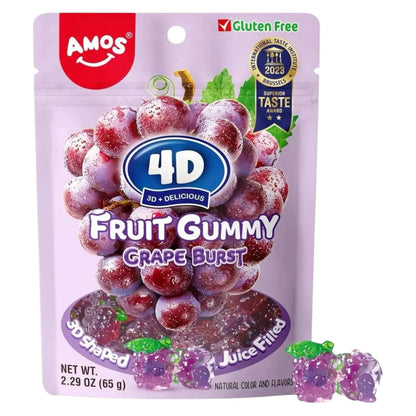 Amos 4D Fruit Gummy Peach Burst 80g - 3D Shaped Juice Filled Gluten Free Candy for Kids and Adults