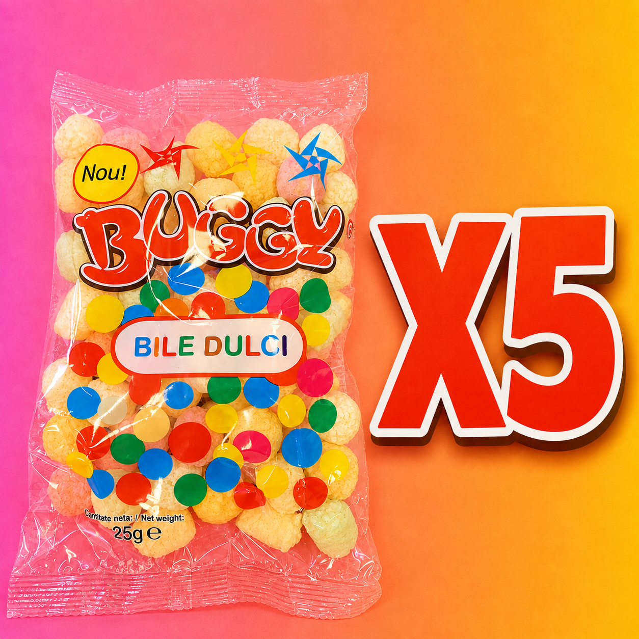 Buggy Bile Dulci X5 25g Pack - Novelty Snack with Colorful Dots - Perfect for Parties and Fun Moments