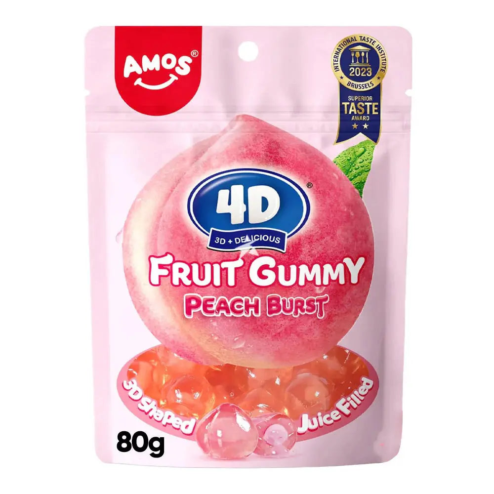 Amos 4D Fruit Gummy Peach Burst 80g - 3D Shaped Juice Filled Gluten Free Candy for Kids and Adults