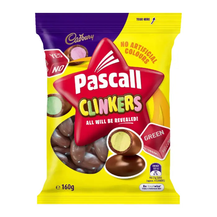 Cadbury Clinkers 160G Bag Australian Candy No Artificial Colours Green & Yellow Filled Chocolates Lucky Sweet Shop Ltd